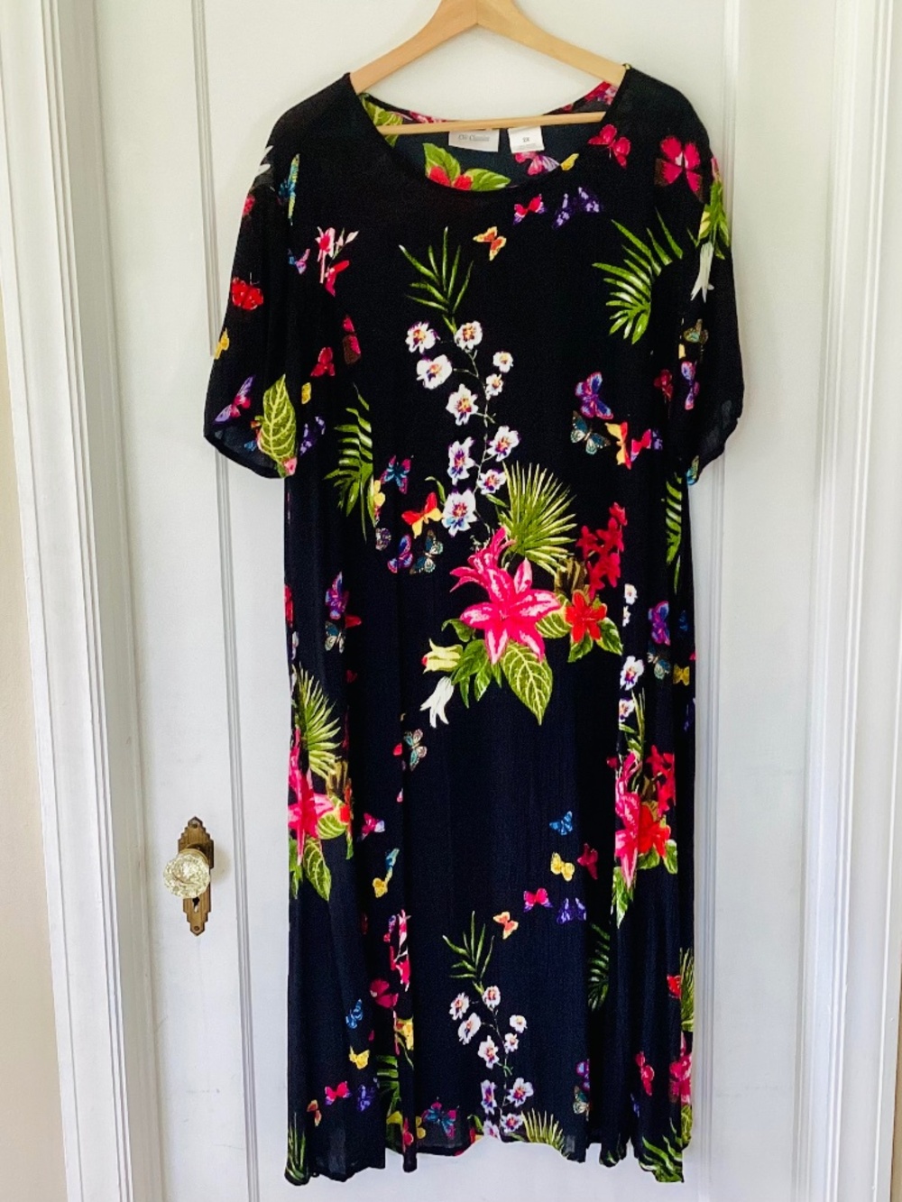 CW Classics 2x Black Floral Butterfly Dress Cover Up Summer Rayon Beach Pool